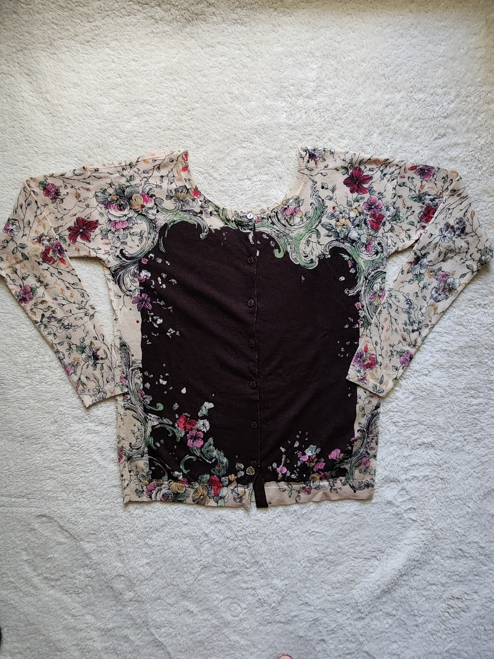 TWIN-SET Vintage Y2K Floral Mixed Print Sheer Sleeve Knit Cardigan Top
